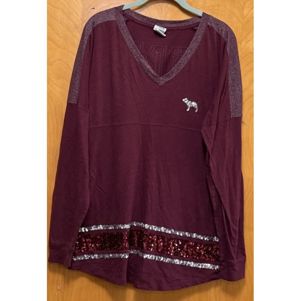 PINK Victoria's Secret V Neck Long Sleeve BLING Tshirt Sz L Maroon Sequins Y2K